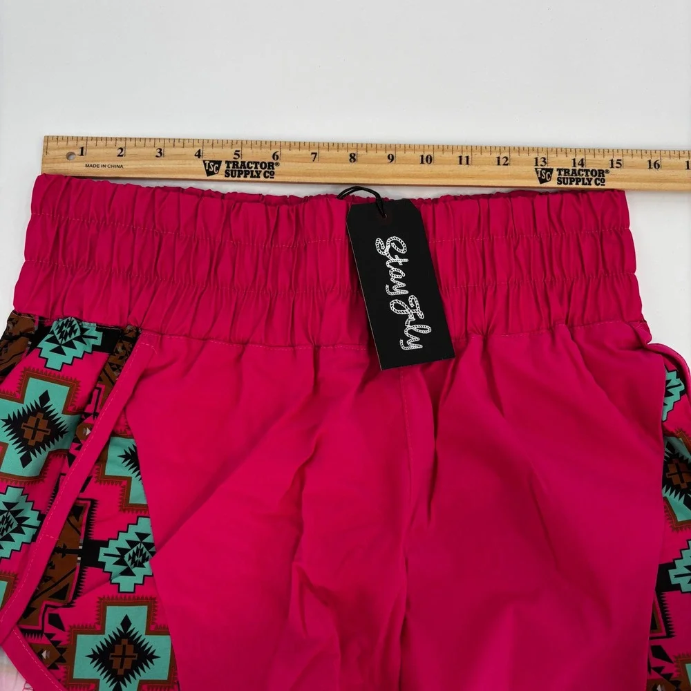 2FLY Co Athletic Shorts Women Large Pink Southwestern Aztec Smocked Waist New